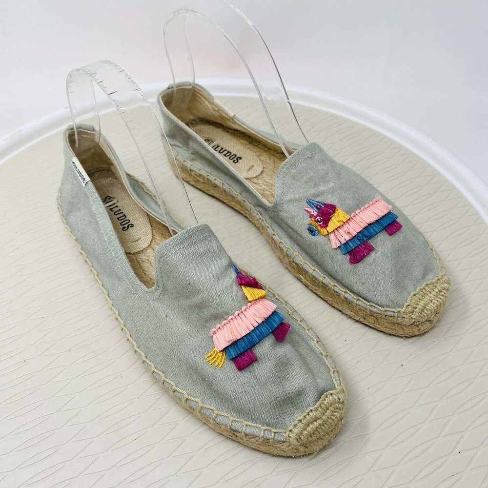 Soludos Pinata Unicorn Flats Espadrilles Size 7 Canvas Smoking Shoes Blue Party